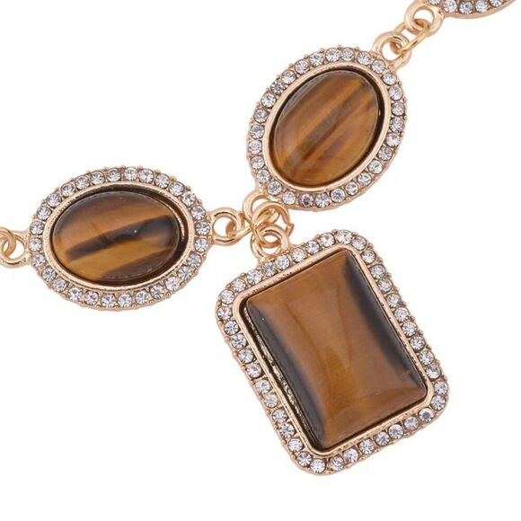 Yellow Tiger's Eye and White Austrian Crystal Adjustable Necklace 90.00 ctw New - Picture 4 of 6